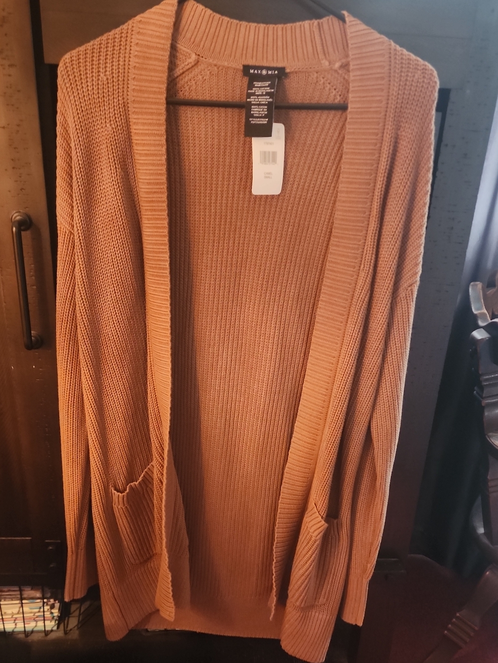 NWT Long Open-Front Knit Cardigan in Camel